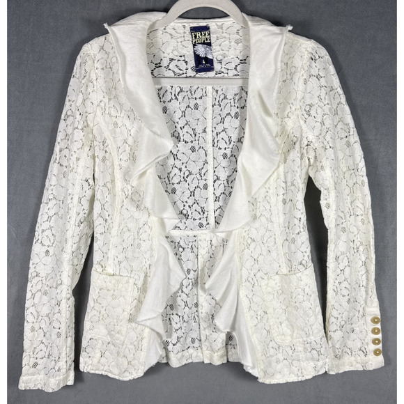Free People Women's Sz 4 Cream Colored Lace Jacket Open Front Ruffle Boho‎ - Picture 1 of 9